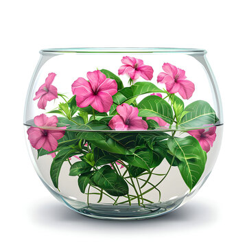 recommend clip art: Clipart illustration of impatiens growing in water in a clear glass pot, on a white background, suitable for home decoration.[A-0004]