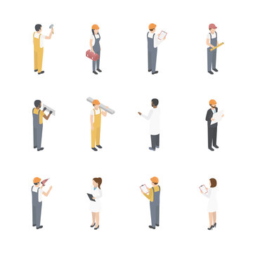 Isometric set of construction workers, builders and engineer characters. People lay bricks, paint walls and drill vector illustration set. Builders with construction equipment. 