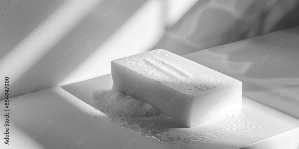Poster A bar of soap sits on a table surface