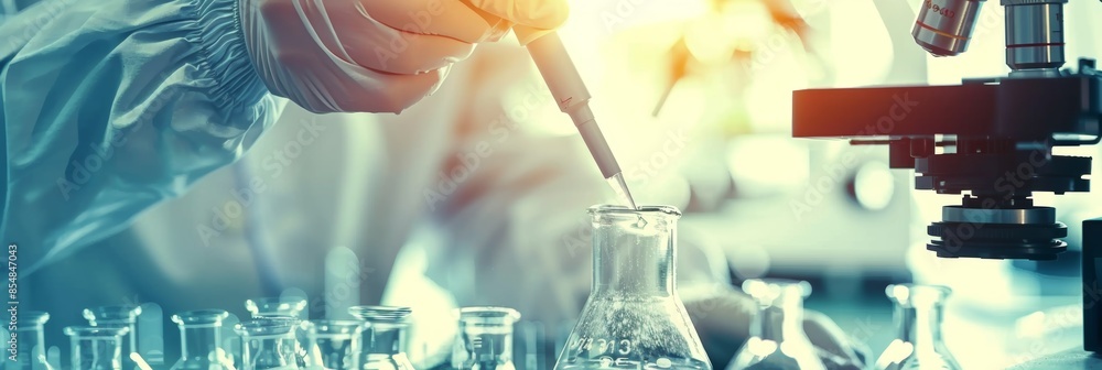 Poster scientist in lab coat conducting precise experiment with test tube under microscope glow