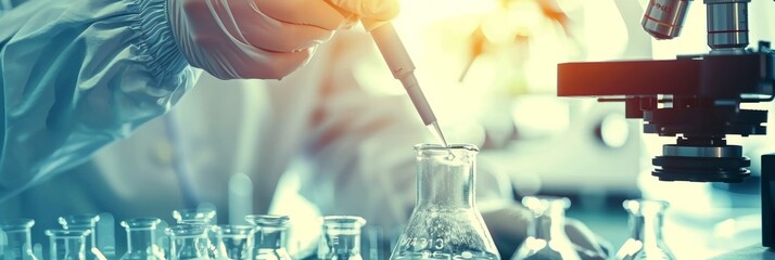 Scientist in lab coat conducting precise experiment with test tube under microscope glow