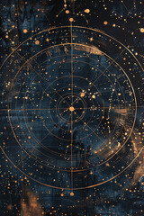 A star map with a circular grid highlighting the positions of stars and constellations against a dark background