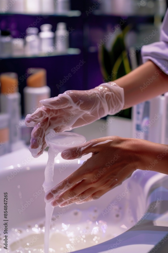 Wall mural A close-up view of someone cleaning their hands in a sink, with soap and water visible