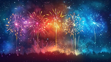 Fototapeta premium Colorful Fireworks Display Exploding Against a Starry Night Sky with Silhouetted Trees in the Foreground.