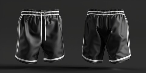 A pair of black and white basketball shorts with stripes and mesh panels