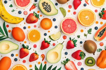 Colorful and Vibrant Fruit and Vegetable Flat Lay Pattern with Gold Confetti