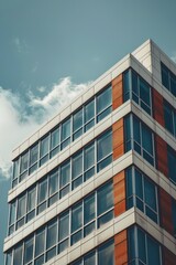 A high-rise building with numerous windows against a clear blue sky, suitable for use in architectural or cityscape images