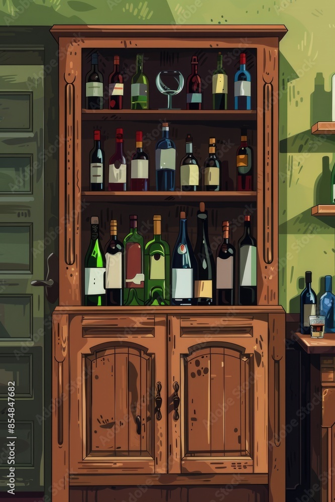 Poster a wooden cabinet filled with bottles of wine, perfect for storing and displaying your favorite vinta