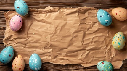 Easter eggs and paper on wood background with empty space