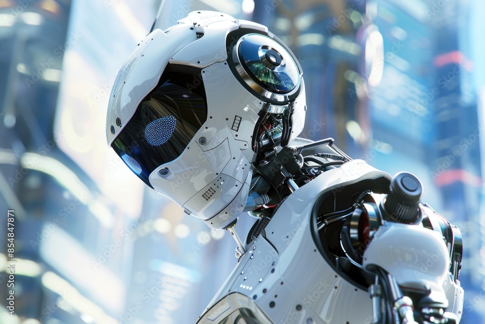 Aufkleber a close-up of a robot's head with a cityscape in the background, suitable for illustrations and futu