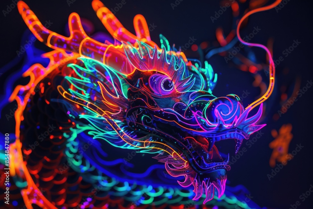 Poster a neon dragon statue lit up in a dark room, providing a pop of color and interest