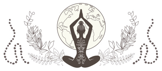 International Yoga Day. Horizontal monochrome banner with a silhouette of a girl in a lotus field. Peace, planet, balance. Vector graphics.