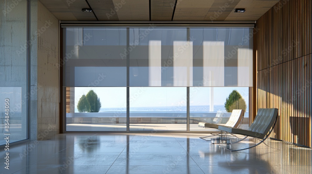 Poster a chair sits in front of a window with a stunning ocean view