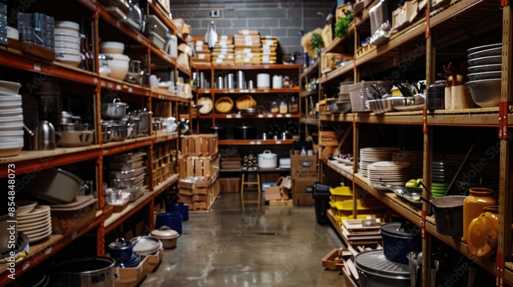 Poster a room filled with various types of dishes, suitable for use in food styling or as a background imag