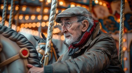 A person enjoying the ride on a colorful merry-go-round, surrounded by horses and other animals