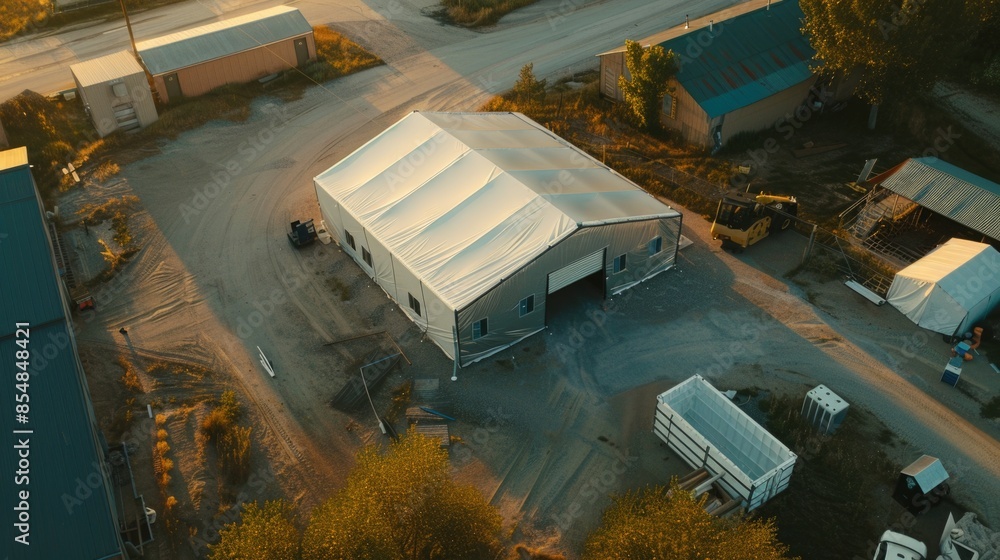 Poster aerial view of a building with a tent on its rooftop, suitable for use in urban planning or architec