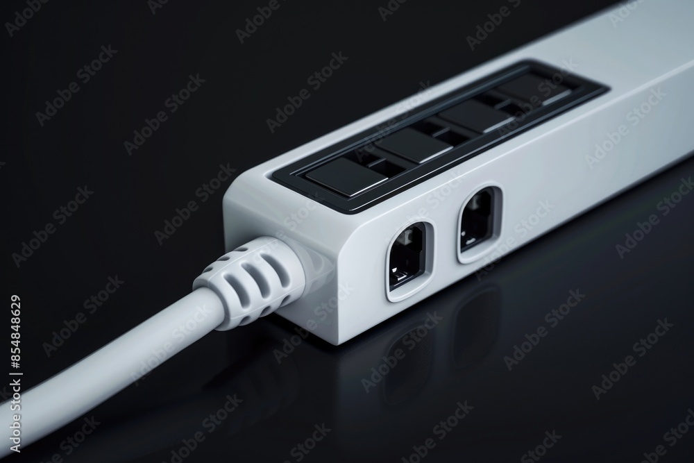 Poster a close-up shot of a white power strip on a black background, suitable for use in electronics or tec