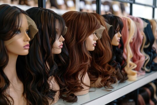 A collection of wigs displayed on a shelf, ideal for use in beauty or fashion contexts