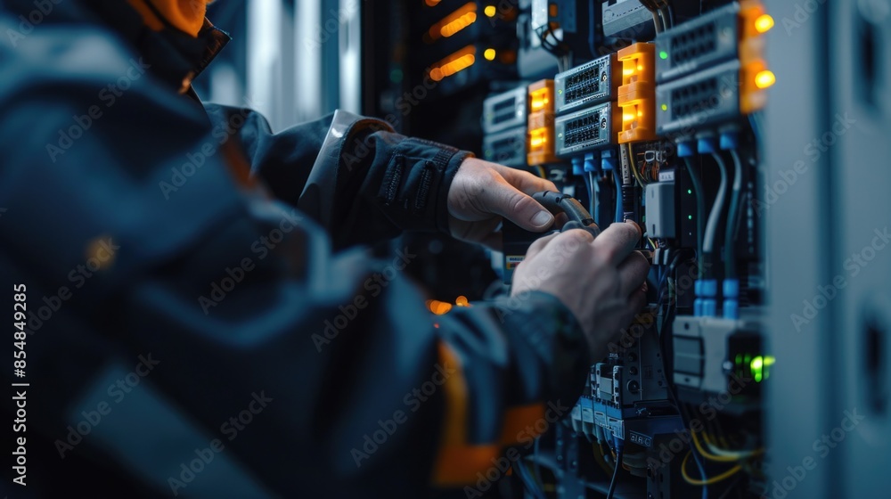 Poster a person maintaining computer equipment in a technical setting