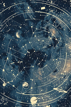 Detailed map of constellations and celestial bodies on a dark blue starry background