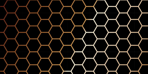 Abstract 3d background with hexagons backdrop background. Gold hexagon seamless geometric pattern vector. Luxury hexagonal pattern abstract black background with colorful gradient light lines. 