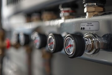 A close-up view of multiple gauges on a wall, suitable for use in industrial or technical settings