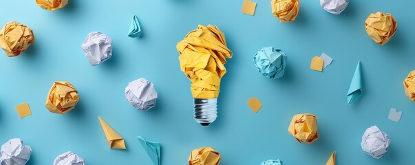 Creative concept with light bulb made from crumpled paper balls on blue background