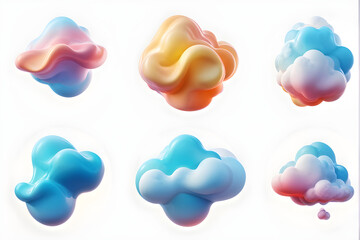 3d render. Collection of random shapes of abstract clouds. Cumulus different views clip art isolated on white background.