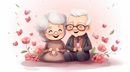 Watercolor illustration of a joyful elderly couple, European type, sharing a warm embrace and smiling against a white background with colorful splashes, horizontal, copy space.

Senior couple