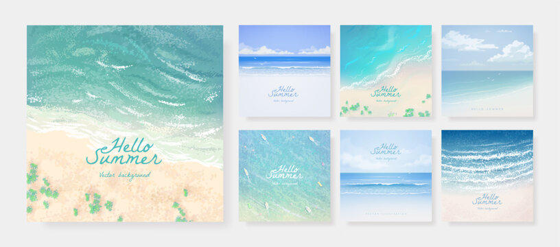 Set of beautiful summer tropical beach sea resort background design template for poster, flyer, web banner, cover, booklets and greeting card. Vector illustration