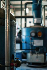 A large blue tank is situated indoors