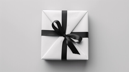 A minimalistic gift box wrapped in plain white paper with a simple black ribbon