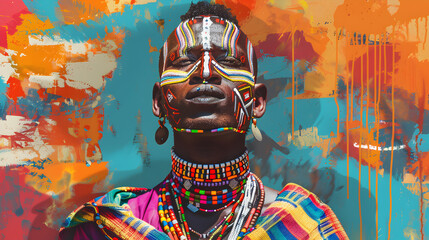 Fototapeta premium A Maasai warrior painted in bright colors, adorned with beads, illustration.
