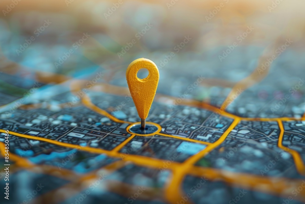 Poster A map featuring a yellow pin, often used for navigation or highlighting a specific location