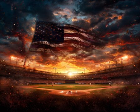 A dramatic sunset over an empty baseball stadium with an American flag waving, creating a patriotic and serene atmosphere.