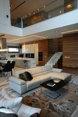 A comfortable living room with furniture and a staircase, ideal for use in interior design or lifestyle photography