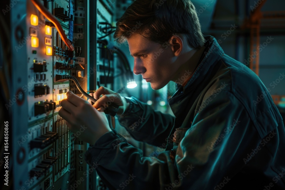 Poster a man works on machinery in a factory setting