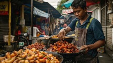 Obraz premium A person prepares food at an outdoor market scene