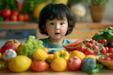 Fototapeta premium Child with vegetables and fruits. Healthy eating, nutritious vitamin nutrition. Asian girl chose plant-based food