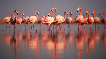 Obraz premium Group of flamingos standing in shallow water at sunset, their pink feathers reflecting in the calm water, with a blurred natural background, photo, horizontal, copy space