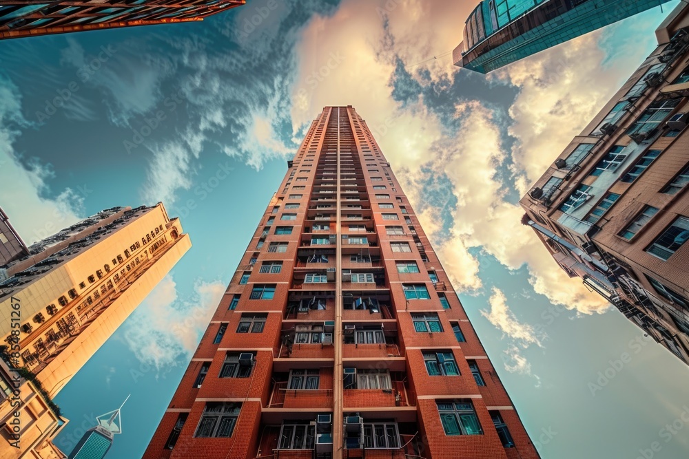 Poster a tall red office building with many windows
