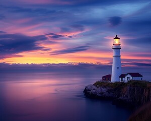 Naklejka premium Serene lighthouse scene at sunset, with vivid sky colors reflecting off the calm ocean water. Tranquil and picturesque coastal landscape.