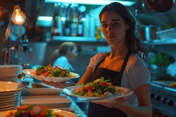 A woman holding plates of food in a kitchen