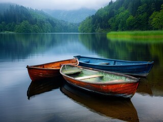 Obraz premium Serene lake with three colorful boats reflecting on calm waters amidst lush green trees and misty mountains.