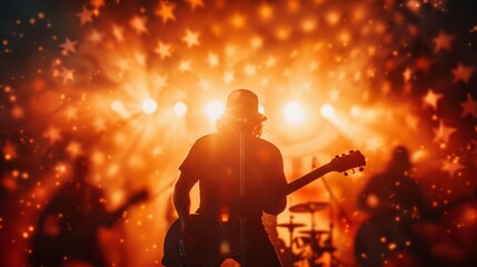 Silhouetted band performing on stage with vibrant, starry light effects, creating an electrifying concert atmosphere.