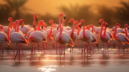 Fototapeta premium Group of flamingos standing in shallow water at sunset, their pink feathers reflecting in the calm water, with a blurred natural background, photo, horizontal, copy space