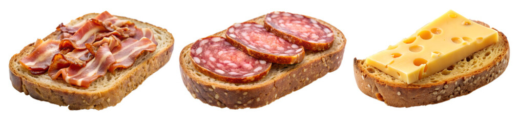 Beef jerky, cheese and bacon sandwich isolated on a white background. Tasty food concept.