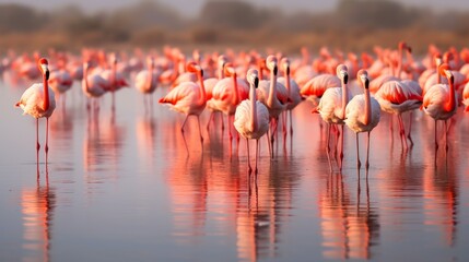 Fototapeta premium Group of flamingos standing in shallow water at sunset, their pink feathers reflecting in the calm water, with a blurred natural background, photo, horizontal, copy space