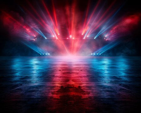 Vibrant stage light effects with red and blue colors reflecting on a wet surface, creating a dynamic and energetic atmosphere.