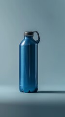 Blue water bottle with black cap isolated on blue background